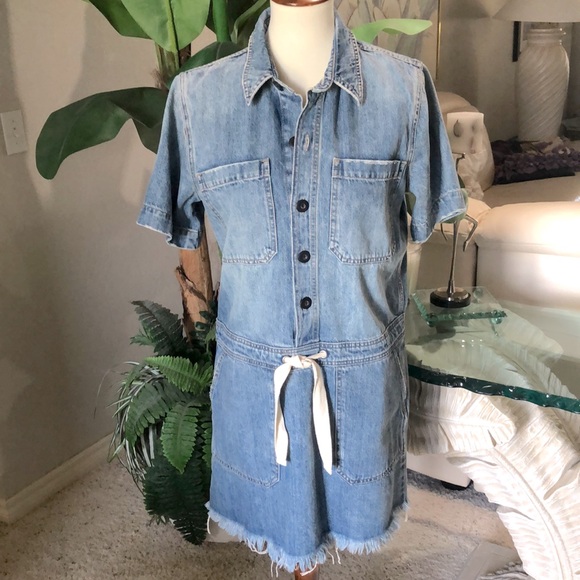 SZ S NWOT LUCKY BRAND DRAWSTRING DRESS POCKETS DISTRESSED COLLARED BUTTON UP - Picture 1 of 5